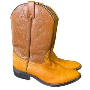 Acme Cowboy Boots Vintage Faux Ostrich Size 4.5 Orange Brown 90s Western Rodeo